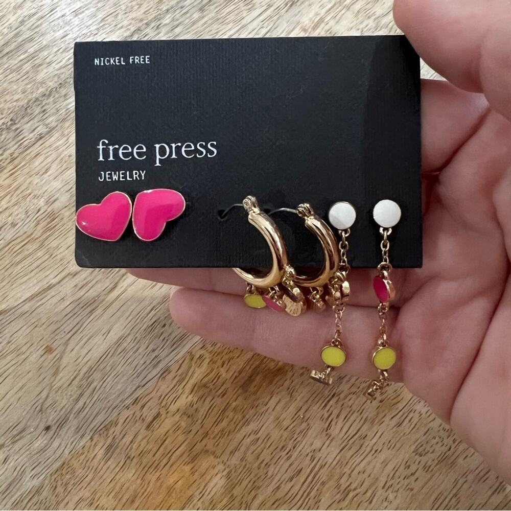 Free Press Nickel-Free Gold Earrings Set With Pink Heart Studs White Studs